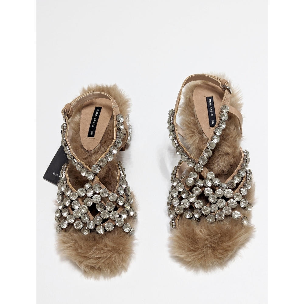 ZARA Limited Edition Exclusive Collection Rhinestone Faux Fur Leather Sandals 6 - Picture 10 of 15